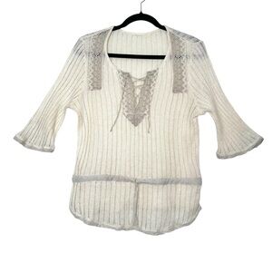 Boho Goblincore Linen Open Weave Lace Up Blouse Earthy Hobbit Festival Cottage